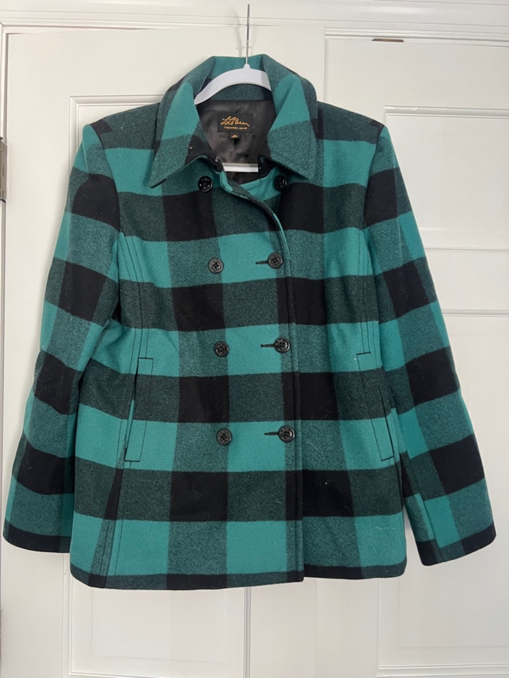 L.L. Bean Women's Teal and Black Buffalo-Check Peacoat